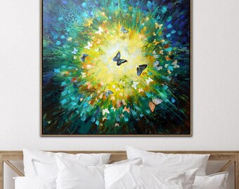 Modern art butterflies paintings original art black blue green yellow one of a kind artwork