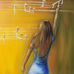 Original oil painting contemporary art original painting. Figures paintings,piano guitar canvas ready to hang Orange yellow blue.Wall decor. image 5