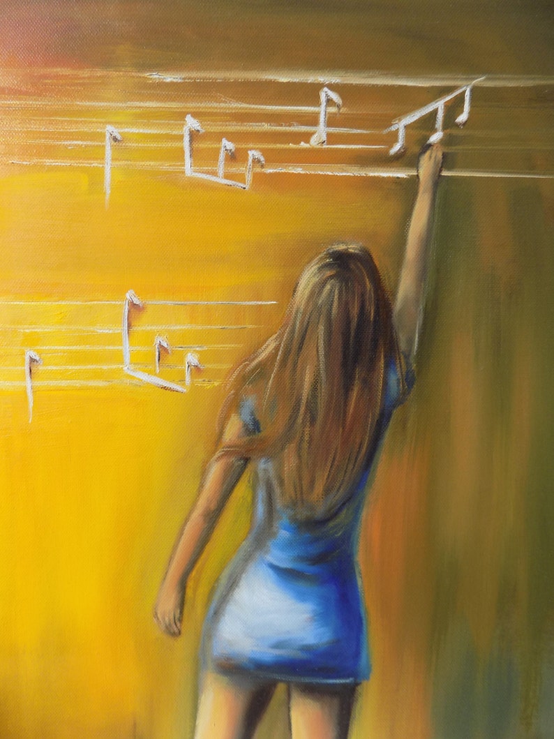 Original oil painting contemporary art original painting. Figures paintings,piano guitar canvas ready to hang Orange yellow blue.Wall decor. image 5