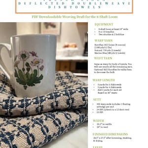 Può includere: Schema di tessitura per un telaio a 8 licci per creare asciugamani da cucina a doppia trama deviata. Lo schema include istruzioni per la lunghezza dell'ordito, l'impostazione, la larghezza, le dimensioni finite e i requisiti del filo. Il progetto è descritto come facile-intermedio.
