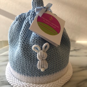Hand-knit Baby Bunny Blue Embroidery Baby Cap