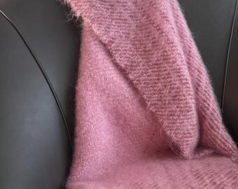 Handwoven Raspberry Sherbet Twill Mohair Throw Blanket, Dusty Rose Stripes, Fringed Edges