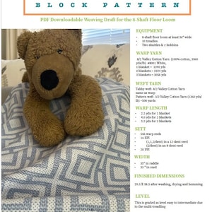 May include: Weaving draft for an 8-shaft floor loom baby blanket pattern. The pattern is called "Shaft Blanket Pattern". The draft includes instructions for warp yarn, weft yarn, warp length, sett, width, and finished dimensions. The level is graded as easy to intermediate due to the multi-treadling.