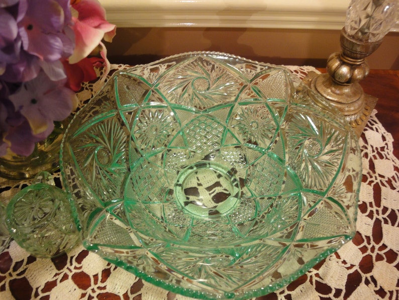 Rare Elegant Uranium Depression Glass Mint Green Punch Bowl Etsy