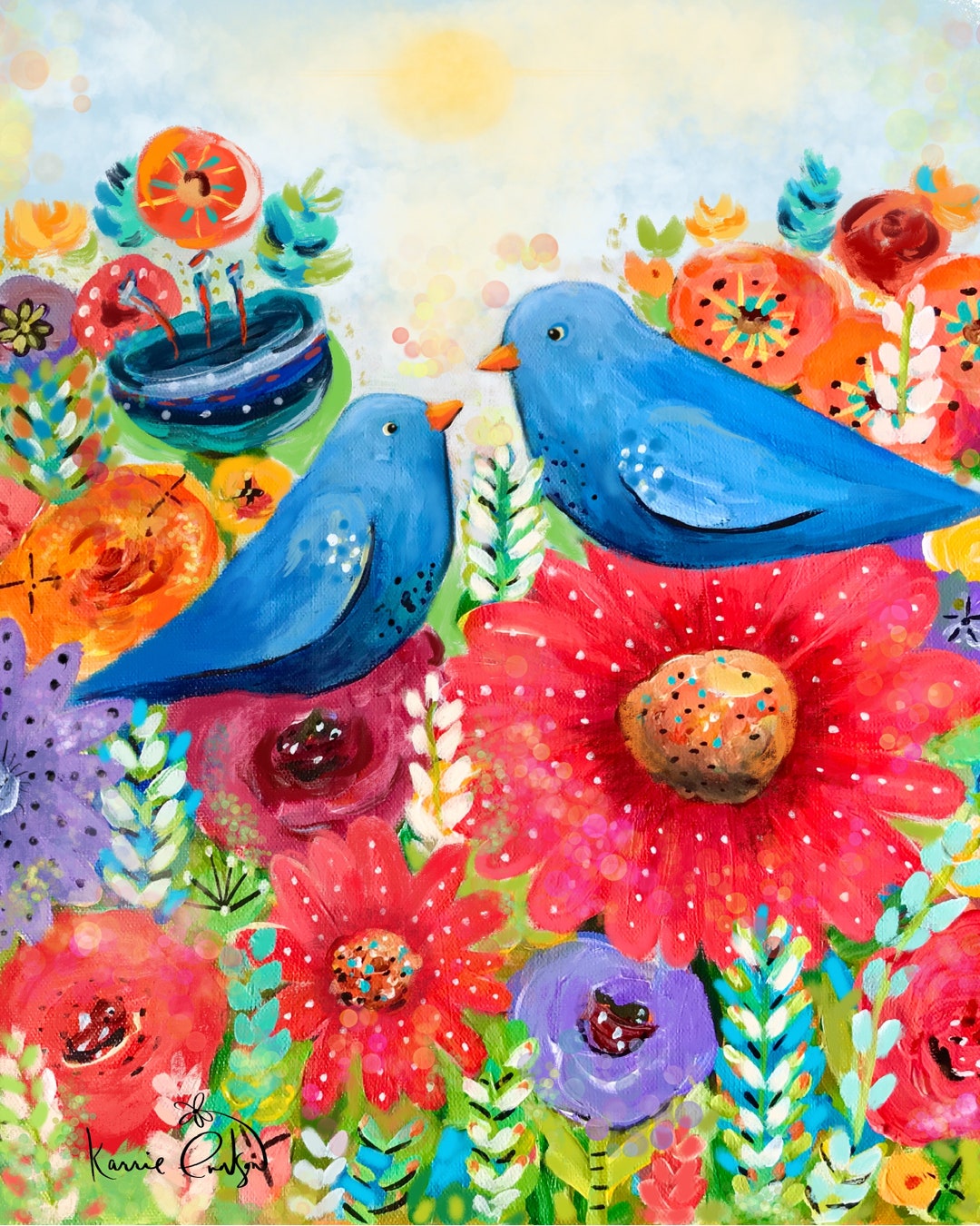 Blue Birds in the Garden |bluebird | Colorful Bird Print | Whimsical Art - Etsy