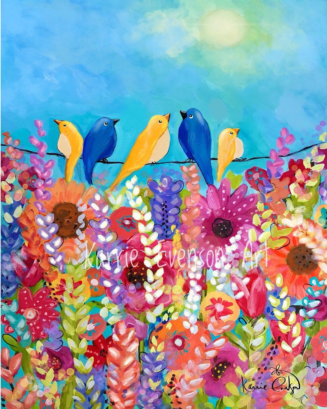 Blue Birds and Yellow Finchesflowers Colorful Bird Print - Etsy