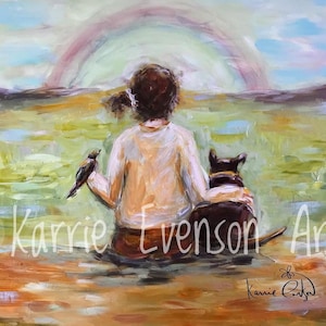 Little girl and dog rainbow painting