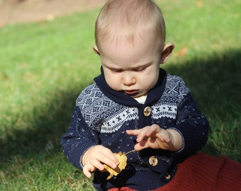 Professor Fairisle Recycled Cotton Baby Toddler Boy Shawl Collar Button Down Cardigan Knit Sweater Eco Friendly Made in USA Navy