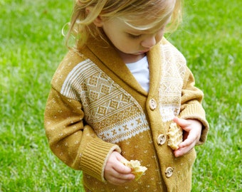 Professor Fairisle Recycled Cotton Baby Toddler Girl Shawl Collar Button Down Cardigan Knit Sweater Eco Friendly Made in USA Mustard