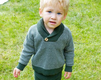 Charmer Recycled Cotton Baby Toddler Shawl Collar Pullover Cardigan Knit Sweater Eco Friendly Made in USA Pine