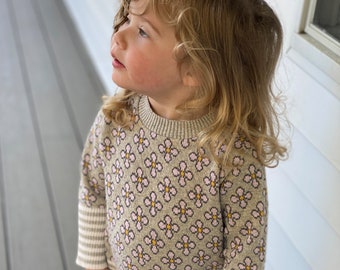 Floral Recycled Cotton Baby Toddler Girl Pullover Knit Sweater Eco Friendly Made in USA Gray