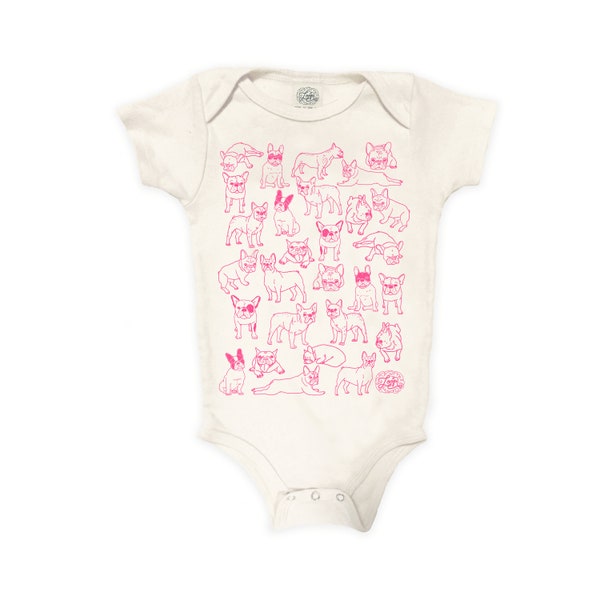 Frenchies Organic Cotton Onesie® New Baby Girl Shower Gift French Bulldog Hand Drawn Boston Terrier Eco Friendly pink locally made in usa