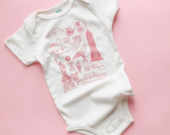 NYC Organic Cotton Onesie® New York City baby shower gift pigeon hot dog taxi statue of liberty brooklyn baby girl sustainable USA made