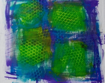 Hand-painted fabric, Blue, Green, Yellow, Purple "Bee Well"