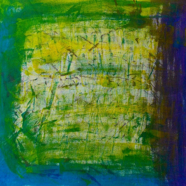 Hand-painted fabric, Blue, Green, Yellow "Field"