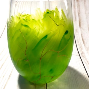 Lime Green Lightning / Stemless wine glass / Gold lightning strikes / Hand Painted
