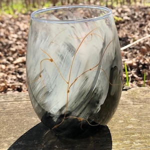 Black Metallic Lightning / Stemless Wine Glass / Hand Painted
