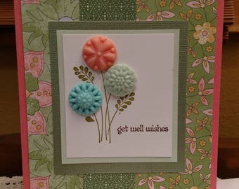 GET WELL feel better soon sickness illness handmade greeting card: "get well wishes" floral embellishments pattern dimension handcrafted