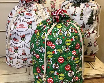JUMBO Grinch Christmas Sack, Reusable Drawstring Holiday Gift Bag, Grinch Holiday Home Decor, Dr. Seuss Santa Sack, Whoville, Under the Tree