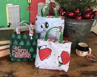 Mini Gift Bags, Christmas Treat Bags, Reusable Holiday Gift Card Holder, Holiday Party Favor, set of 2, made with licensed Peanuts fabric