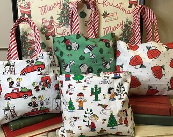 Holiday Reusable Gift Tote, Sustainable Gift Giving, Holiday Decor, Fabric Gift Bag, made with licensed Peanuts fabric