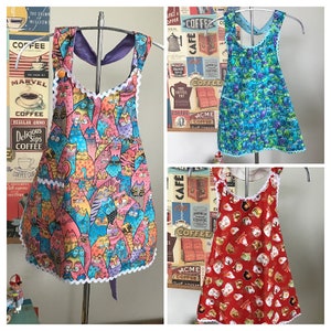 Kids scoop neck easy-on style apron, button closure, adjustable ties, art smock, crafting apron, cats