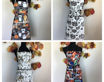 Halloween Carpenter Style Adult Apron, Transylvania Travel, Jack-o-Lanterns, Frankenstein Kitty, Alexander Henry, Unisex