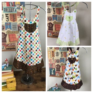 Kids flounce style apron, ruffle detail, tiny animals, hearts, sprinkles, polka dots