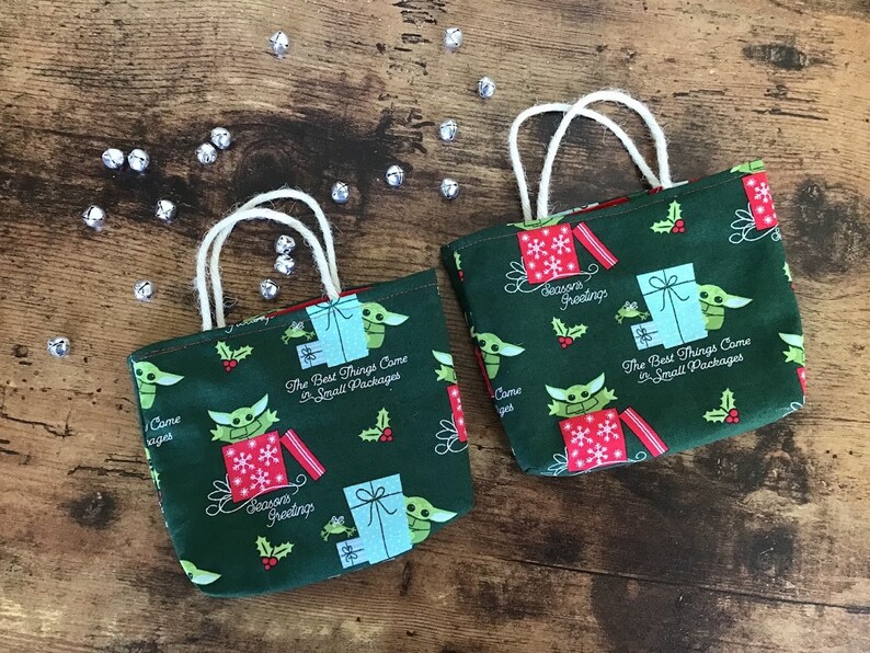 Mini Gift Bags, Reusable, Holiday, Christmas, Gift Card Holder, Party Favor, set of 2, made with licensed Mandalorian fabric Grogu Small Packages