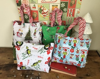 Grinch Holiday Reusable Gift Tote, Dr. Seuss Sustainable Holiday Gift Giving, Merry Grinchmas Holiday Decor, Fabric Gift Bag, Cindy Lou Who