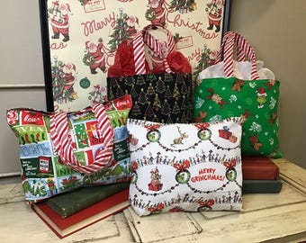 Grinch Holiday Reusable Gift Tote, Sustainable Holiday Gift Giving, Merry Grinchmas Holiday Decor, Fabric Gift Bag, Cindy Lou Who