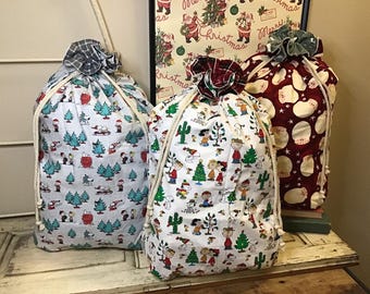JUMBO  Christmas Sack, Reusable Drawstring Gift Bag, Holiday Home Decor, Under the Tree, made with licensed Peanuts fabric