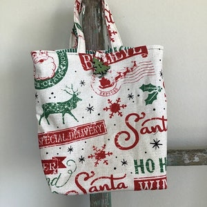 Classic Christmas Holiday Reusable Gift Bags, Sustainable Gift Giving, Holiday Decor, Santa, Red and Green, Happy Holidays