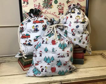 Christmas Sack, Reusable Drawstring Gift Bag, Charlie Brown Holiday Home Decor, under the Tree, NEW SIZE, made with licensed Peanuts fabric
