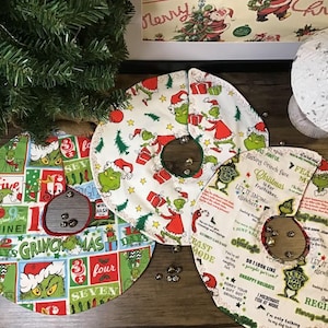 Mini Christmas Tree Skirt, Handmade, Quilted, Tabletop Tree Skirt, Grinch, Dr. Seuss, Tiered Tray Holiday Decor, Christmas Table Decor, 12&quot;
