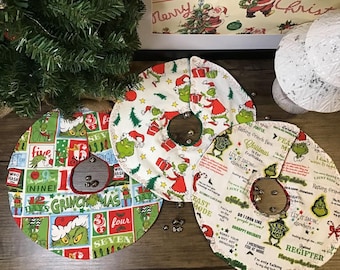 Mini Christmas Tree Skirt, Handmade, Quilted, Tabletop Tree Skirt, Grinch, Dr. Seuss, Tiered Tray Holiday Decor, Christmas Table Decor, 12"