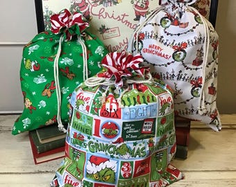 Grinch Christmas Sack, Reusable Drawstring Holiday Gift Bag, Grinch Holiday Home Decor, Dr. Seuss, Whoville, Under the Tree, NEW SIZE