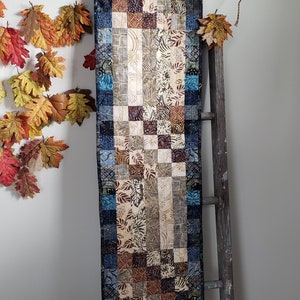 Wall Hanging, Table Runner, Batik, Hand Stamped, Blue, Turquoise, Purple, Caramel