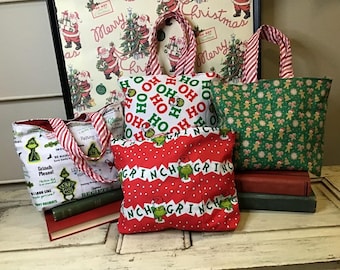 Grinch Holiday Reusable Gift Tote, Sustainable Gift Giving, Grinchmas Holiday Decor, Fabric Gift Bag, Cindy Lou Who, Dr. Seuss Holiday