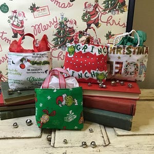 Grinch Mini Gift Bags, Merry Grinchmas Treat Bags, Christmas Gift Card Holder, Reusable Holiday Party Favor, Dr. Seuss Christmas, set of 2