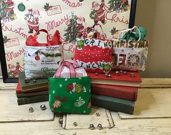Grinch Mini Gift Bags, Merry Grinchmas Treat Bags, Christmas Gift Card Holder, Reusable Holiday Party Favor, Dr. Seuss Christmas, set of 2