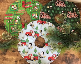 Handmade Quilted Mini Christmas Tree Skirt: Peanuts Fabric, 12" Tabletop Decor