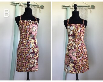 Fully Reversible Apron, Two in One!, Drawstring Neck, Over the Head, Floral, Mod Print