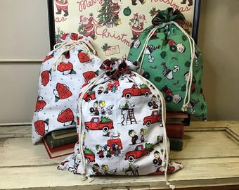 Christmas Sack, Reusable Drawstring Gift Bag,  Holiday Home Decor, Under the Tree, NEW SIZE, made with licensed Peanuts fabric