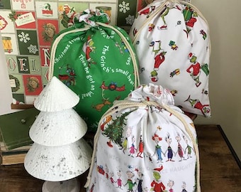 Grinch Christmas Sack, Reusable Drawstring Holiday Gift Bag, Grinch Holiday Home Decor, Dr. Seuss, Whoville, Under the Tree, Santa Sack