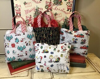 Holiday Reusable Gift Tote, Peanuts Sustainable Gift Giving, Snoopy Holiday Decor, Fabric Gift Bag, made with Peanuts licensed fabric