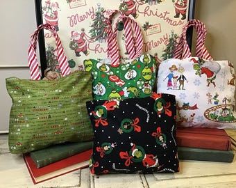 Grinch Holiday Reusable Gift Tote, Sustainable Gift Giving, Merry Grinchmas Holiday Decor, Fabric Gift Bag, Cindy Lou Who Holiday