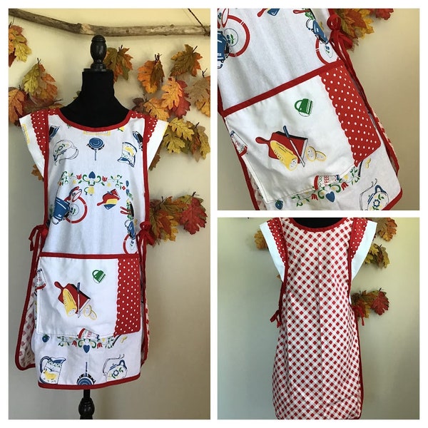 Vintage upcycled apron, coverall style, vintage fabric, full coverage, slip on apron, upcycled tablecloth