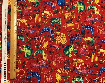 Laurel Burch Enchantment Cat Fabric Print: Bright Holiday Design