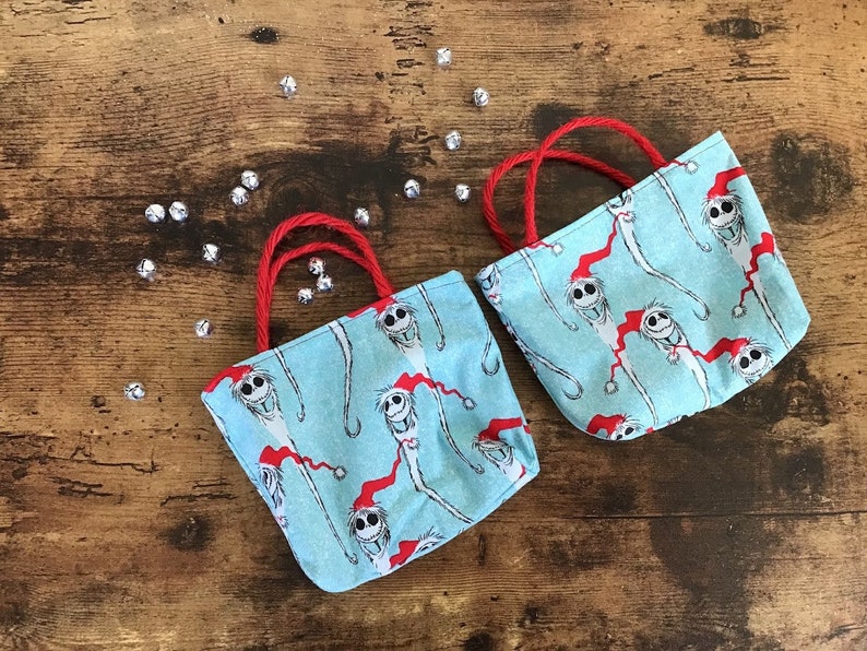 Mini Gift Bags, Reusable, Holiday, Christmas, Gift Card Holder, Party Favor, set of 2, made with licensed Mandalorian fabric Jack Sandy Claws